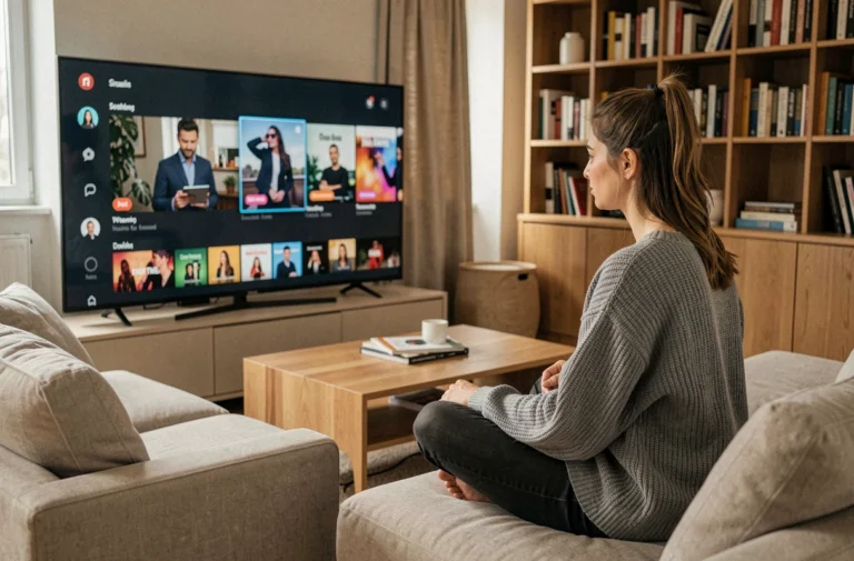 Jeune femme accédant à une plateforme de streaming vidéo sur une smart TV depuis son salon