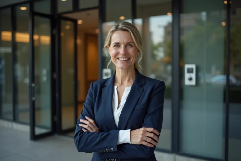 Femme professionnelle tenant un badge d'accès sécurisé devant l'entrée d'un immeuble de bureaux moderne