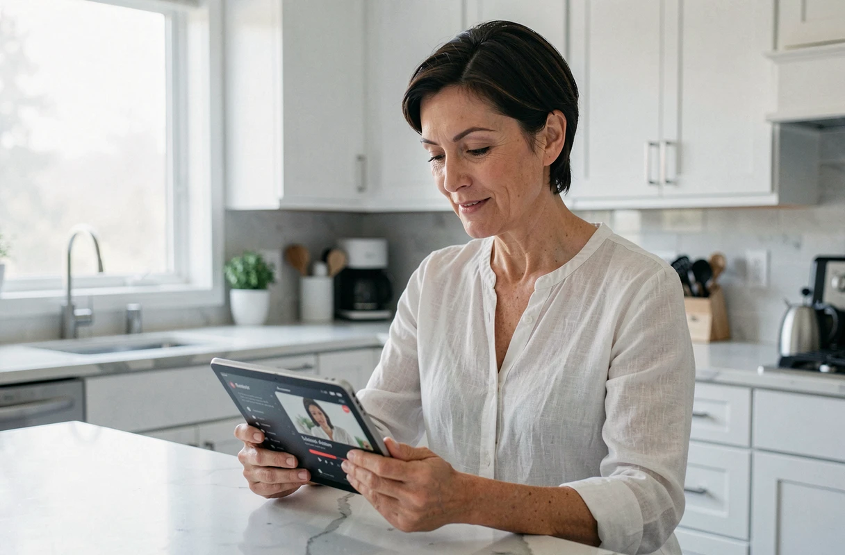 Femme utilisant une tablette pour accéder à une plateforme de vidéo à la demande dans sa cuisine moderne