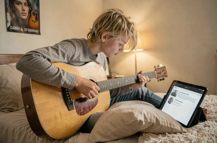 Un adolescent apprenant à jouer de la guitare grâce à un tutoriel vidéo sur tablette