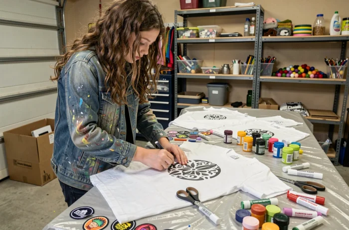 Une adolescente qui personnalise des vêtements lors d'un atelier de customisation textile