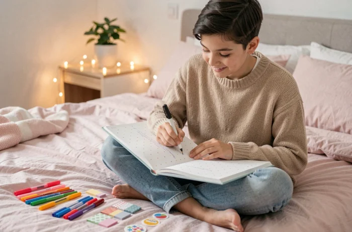 Un adolescent qui tient et décore son bullet journal créatif sur son lit