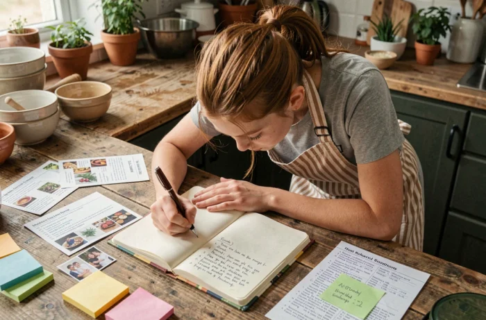 Une adolescente qui compose son carnet de recettes personnalisé à la table de cuisine