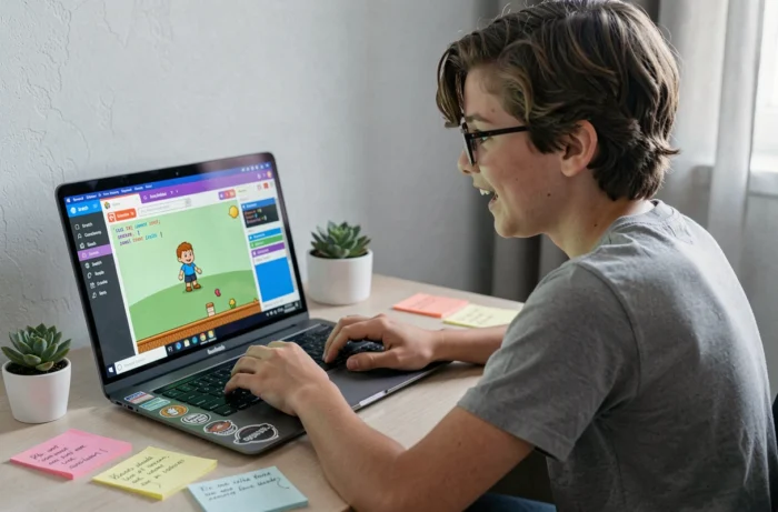 Un adolescent qui code un mini jeu vidéo sur l'interface Scratch devant son ordinateur