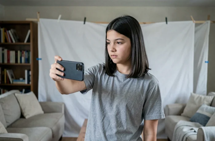 Un adolescent qui réalise un court-métrage avec son smartphone dans le salon