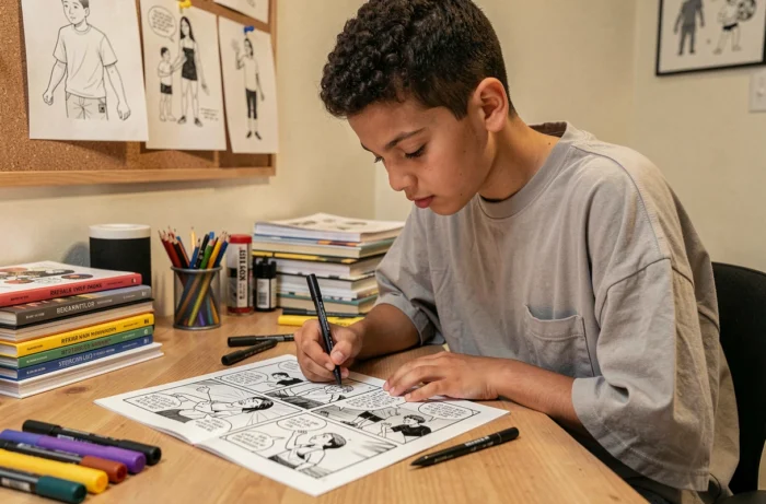 Un adolescent en train d'écrire et d'illustrer une bande dessinée à son bureau