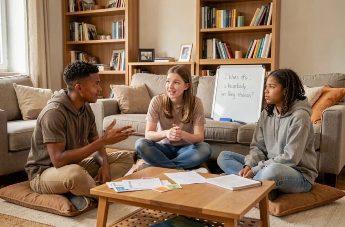 Trois adolescents participant à un débat philosophique animé dans le salon familial