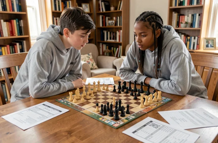 Deux adolescents concentrés lors d'un tournoi de jeux de société stratégiques à la maison