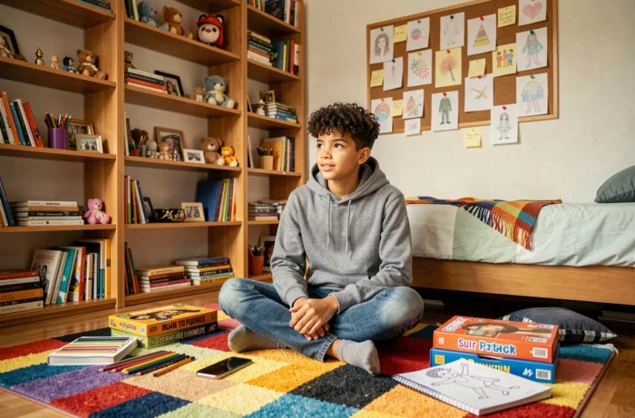 Un adolescent de 14 ans entouré d'activités créatives dans sa chambre colorée et organisée