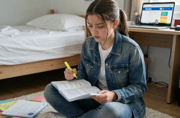Adolescente révisant les règles d'orthographe française sur ou et où dans un livre de grammaire posé sur ses genoux