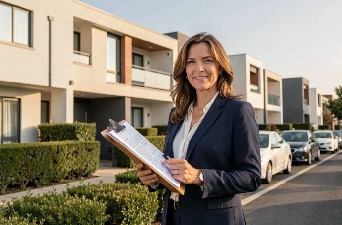 Agent immobilière devant un immeuble résidentiel moderne tenant des documents de vente