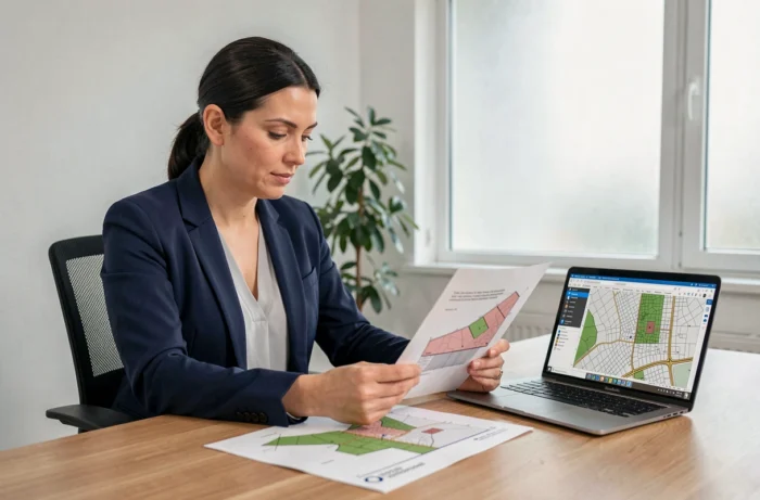 Femme agent immobilier consultant un tableau de conversion des ares en mètres carrés dans un bureau moderne
