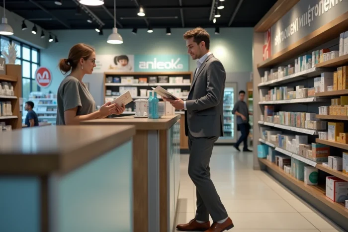 Jeune alternant en BTS MUC conseillant une cliente dans un espace de vente commercial