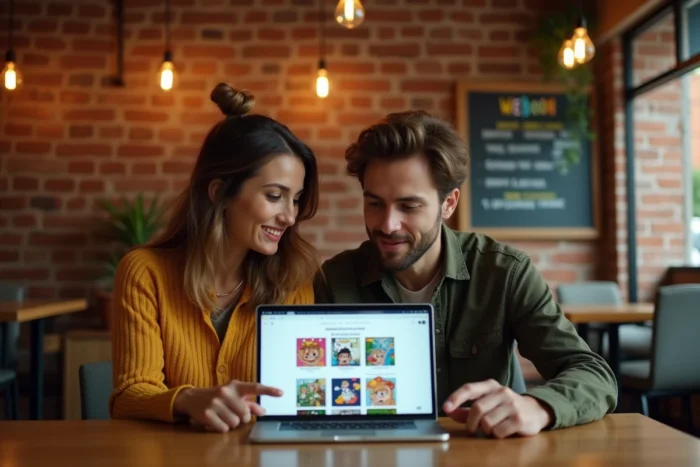 Deux amis découvrant ensemble des webtoons sur un ordinateur portable dans un café, illustrant la fonctionnalité de suivi et de découverte de séries sur Epsilonscan