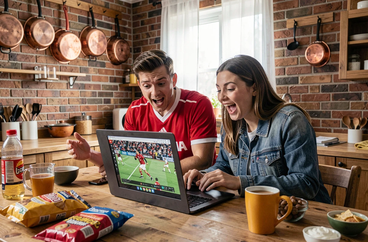 Deux amis regardant un événement sportif en direct sur ordinateur portable dans une cuisine conviviale