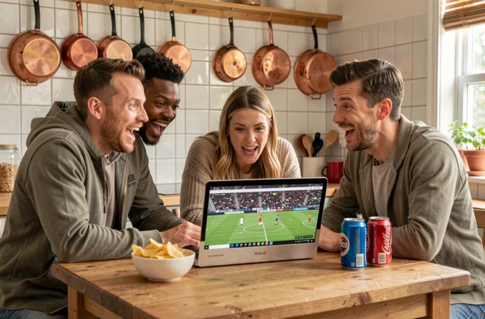 Groupe d'amis regardant un match de football en direct en streaming sur un ordinateur portable