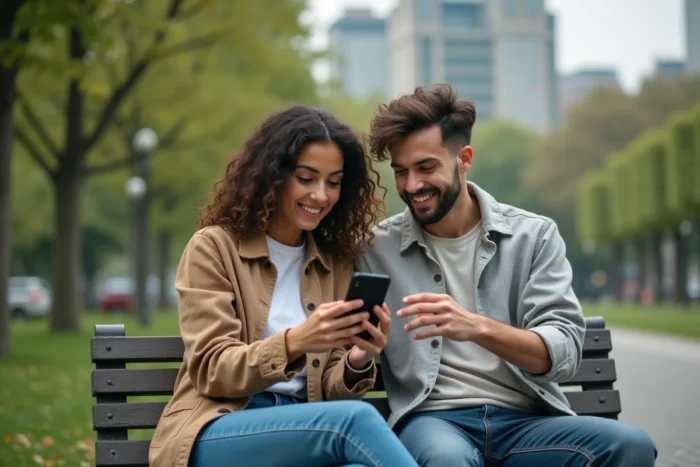 Deux amis découvrant une nouvelle adresse de streaming sur smartphone dans un parc urbain en été