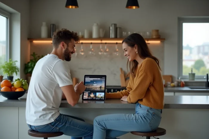 Deux amis regardant ensemble des séries en streaming sur une tablette posée sur le comptoir de leur cuisine moderne
