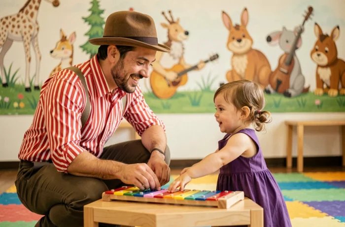 Animateur enfants en tenue rayée aidant une petite fille à découvrir un xylophone coloré dans une salle communautaire décorée de murales musicales