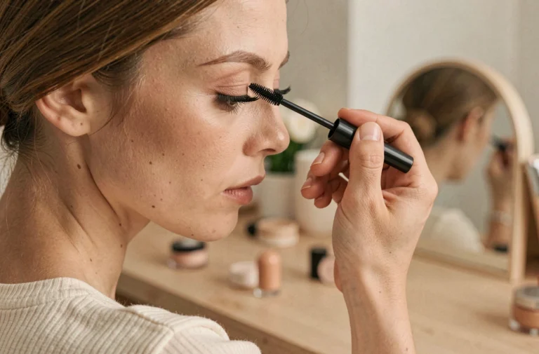 Femme appliquant du mascara noir sur ses cils devant une coiffeuse, gros plan sur l'œil et le pinceau applicateur