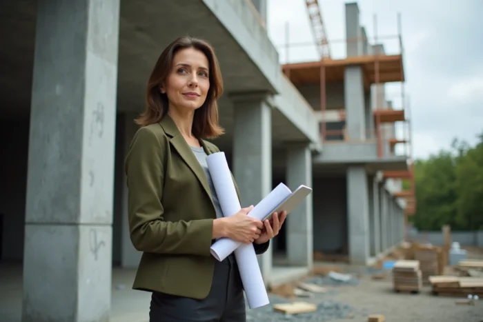 Architecte féminine sur chantier de construction consultant des plans et une tablette numérique avec équipements professionnels