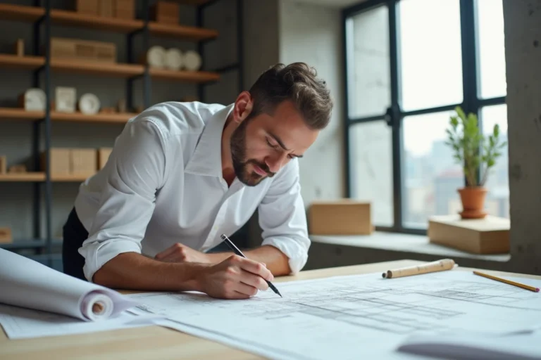 Architecte masculin en studio examinant des plans techniques avec des outils de précision pour un projet architectural