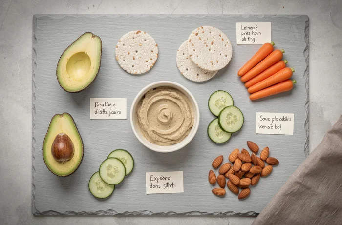 Assortiment de collations saines disposées en flat-lay sur ardoise avec avocat, houmous, carottes et amandes