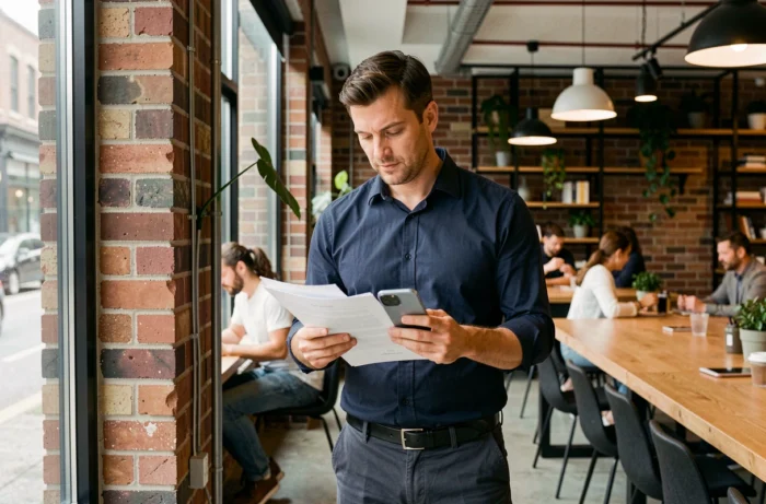 Auto-entrepreneur en espace de co-working consultant des documents professionnels et son smartphone