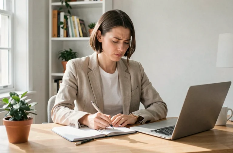 Auto-entrepreneuse travaillant sur son ordinateur portable dans un bureau à domicile moderne et organisé