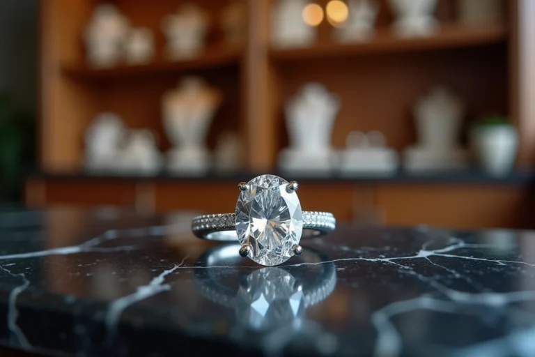Bague solitaire diamant ovale de grande valeur posée sur marbre noir dans un atelier de joaillerie de luxe