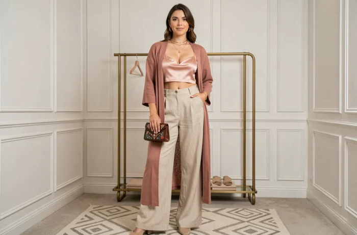 Femme portant un bralette en soie rose et un kimono fluide accessoirisée avec des colliers dorés et une pochette brodée dans une cabine d'essayage minimaliste