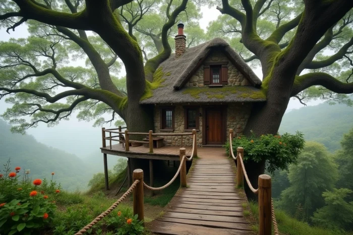 Cabane dans les arbres en pierre nichée dans la forêt française avec terrasse en bois et pont de corde, hébergement insolite en pleine nature
