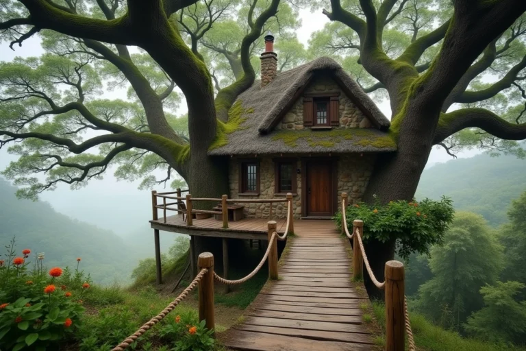 Cabane dans les arbres en pierre nichée dans la forêt française avec terrasse en bois et pont de corde, hébergement insolite en pleine nature