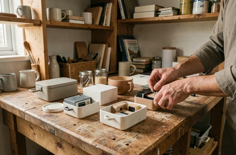 Vue d'ensemble d'un atelier domestique avec divers objets du quotidien modifiés pour créer des cachettes secrètes