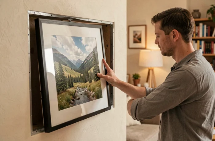 Cadre photo dissimulant un compartiment arrière renforcé encastré dans le mur d'un salon