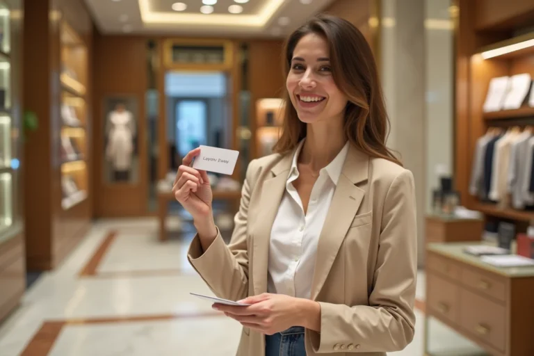 Femme souriante tenant sa carte fidélité Galeries Lafayette à la caisse d'un grand magasin luxueux