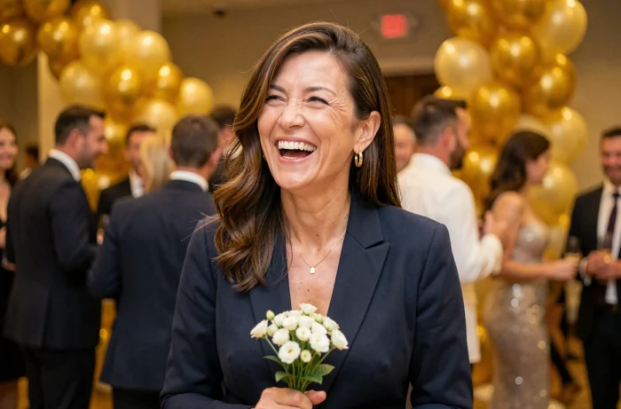 Femme élégante célébrant son anniversaire dans une salle de réception décorée de ballons dorés et de fleurs blanches