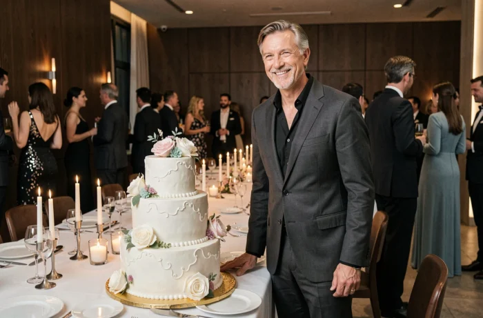 Homme en costume célébrant son anniversaire devant un grand gâteau décoré dans un restaurant moderne