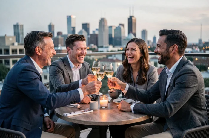 Groupe d'amis célébrant des anniversaires de célébrités autour d'une table sur un rooftop avec vue sur la ville
