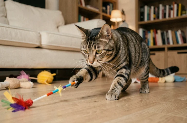 Chat tigré adulte en train de jouer avec une plume colorée sur un parquet en chêne dans un salon moderne et chaleureux