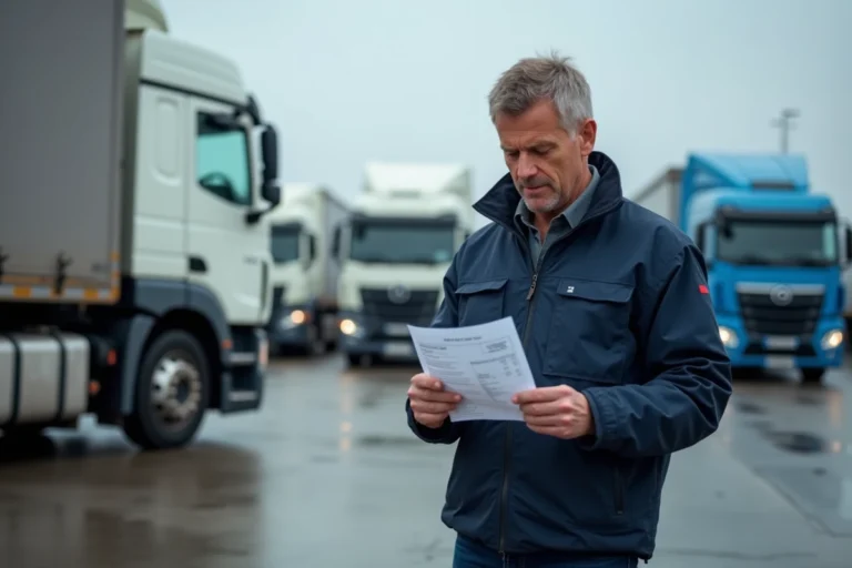Chauffeur routier examinant sa fiche de paie devant son camion dans une aire de repos en France