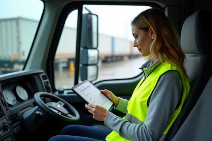 Chauffeuse routière consultant une application de gestion des taux horaires depuis la cabine de son camion