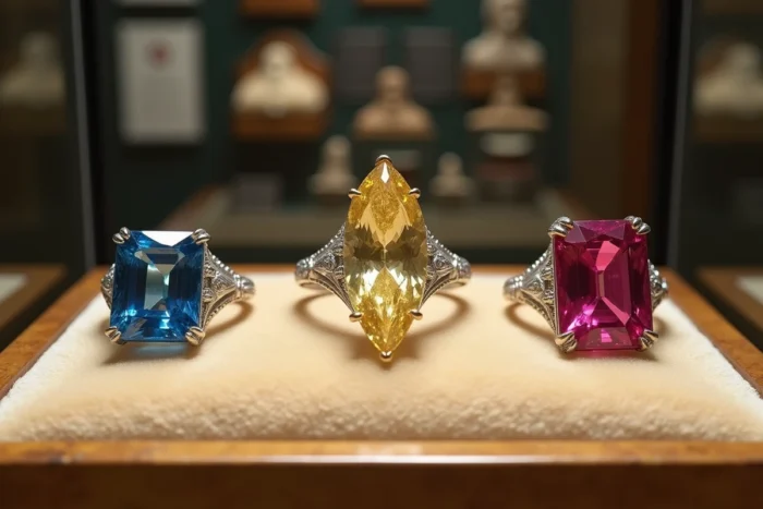 Collection de trois bagues précieuses historiques exposées sous verre dans un musée de joaillerie internationale