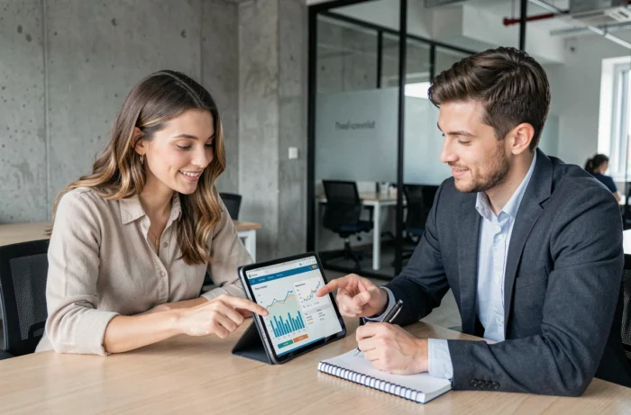 Deux collègues analysant un logiciel bancaire sur tablette dans un espace de coworking professionnel