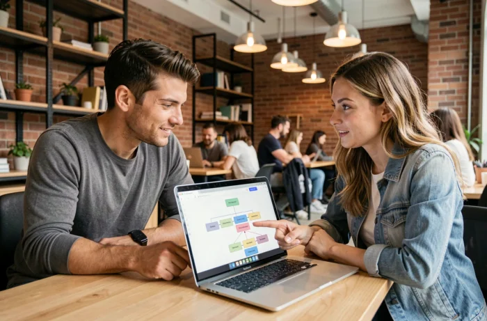 Deux collègues collaborant sur la navigation d'un plan de site dans un espace de coworking moderne