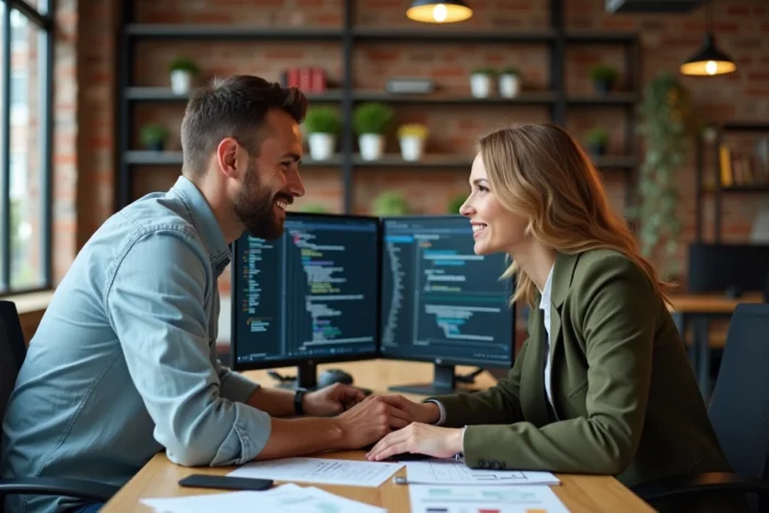 Deux collègues tech collaborant sur des visualisations de données dans un studio co-working moderne, illustrant le travail numérique en équipe