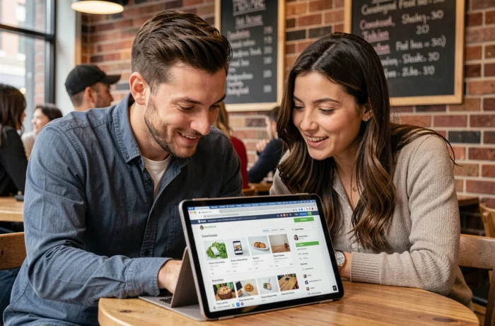 Deux collègues consultant des astuces pour trouver des sites de téléchargement sur une tablette dans un café