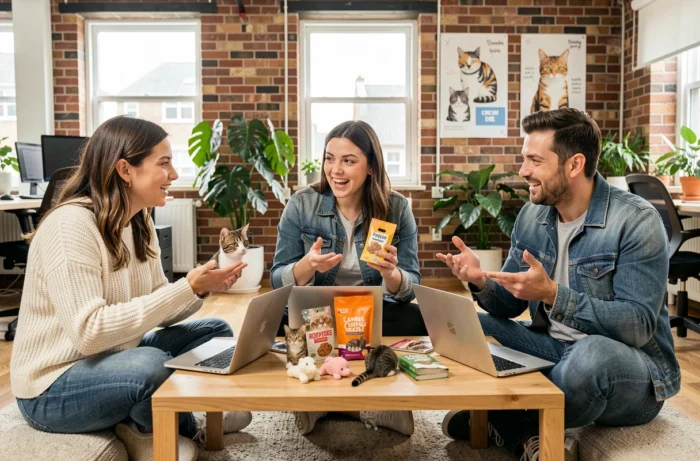Groupe de passionnés de chats réunis autour d'une table avec des jouets et accessoires félins lors d'une session communautaire conviviale