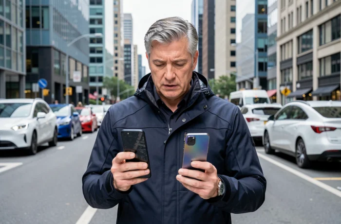 Homme comparant deux smartphones dernière génération en milieu urbain, symbolisant l'évolution technologique 2024