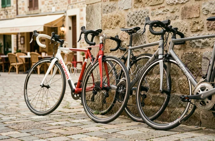 Comparatif de trois vélos de route entrée de gamme alignés contre un mur en pierre